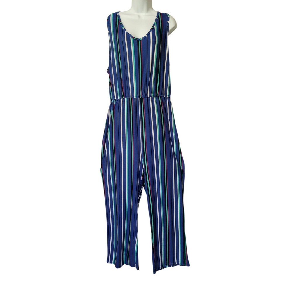 Bobbie Brooks Women's Jumper Romper 3X Wide Leg Sleeveless Blue Stripe Stretch
